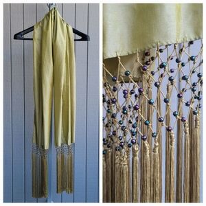 Beaded Fringe Shawl Made In India Iridescent Gold, Purple, Green Scarf NEW